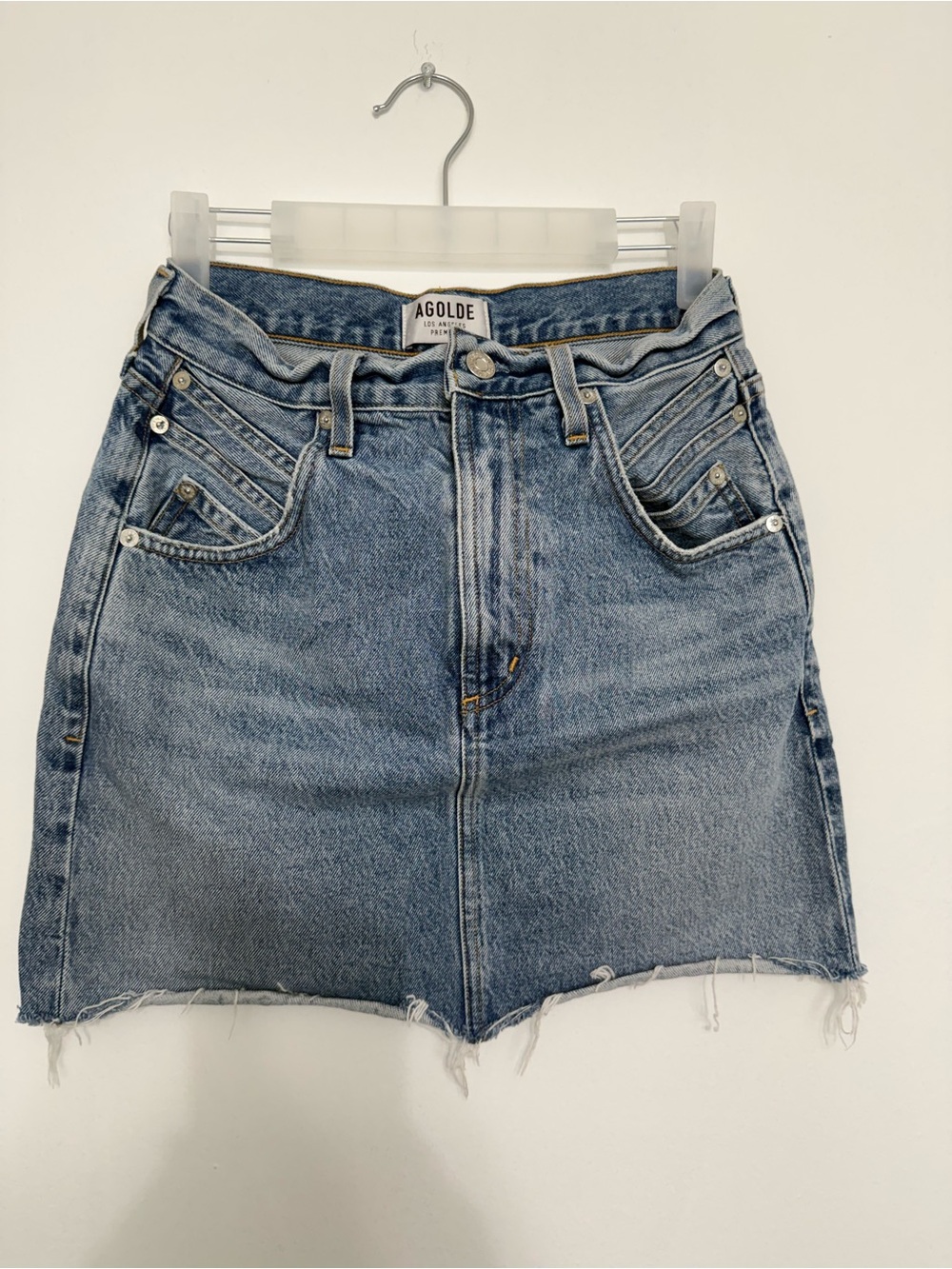 Agolde Distressed Medium Blue Denim Mini Skirt